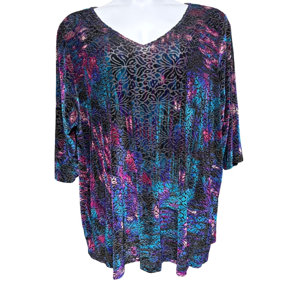 CATHERINES Womens Multicolor Velvet Burnout Blouse 2X Whimsigoth Flowy Boho